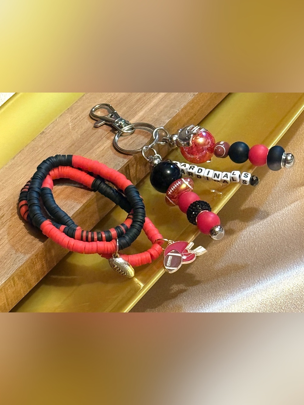 Cardinals Football Gameday Clay Bracelet Stack Bag Charm Keychain Set